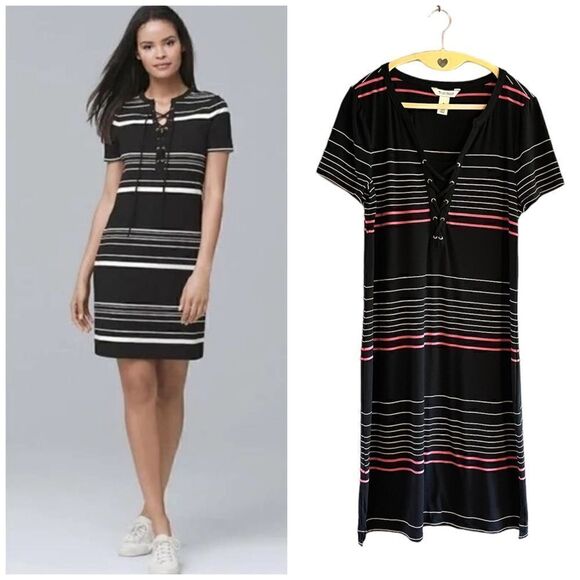 White House Black Market Striped Color Block Pink/Black Short Sleeve Shift Dress - Picture 1 of 9